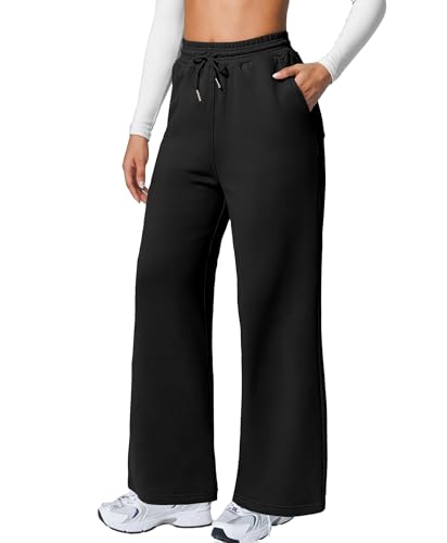 BRXL Thermal Wide Leg Sweatpants Women Cotton 4 Pockets 28" Warm Straight Leg Winter Sweat Pants High Waisted Lounge Casual Black