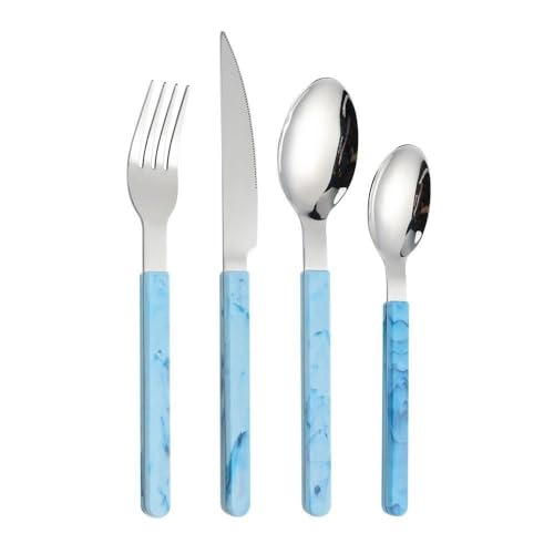 Royal Shang Youpin Retro Estilo Chino PP Mango Cocina Vajilla De Acero Inoxidable Cubiertos Juego De Cubiertos Cuchillo Para Carne Tenedor Cuchara Cucharita (Azul,4 piezas)