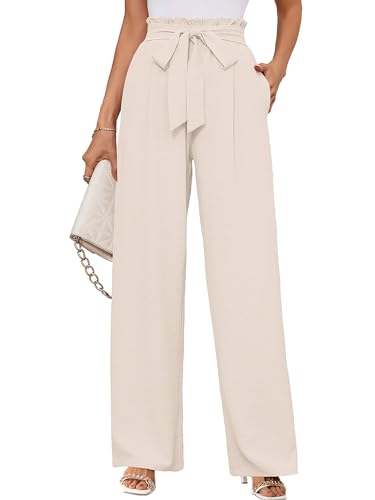 KORSIS Wide Leg Womens Pants Casul Lightweiht Waisted Adjustable Tie Knot Loose Comfy Casual Trousers with Pockets Ivory M