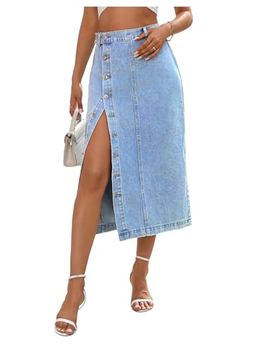 SHENHE Women's Slit Midi Jean Skirt High Waisted Button Down Casual Denim Pencil Skirts Blue Small