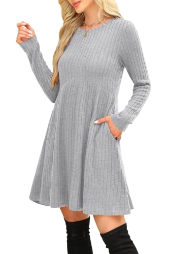 Image of OFEEFAN Long Sleeve Dress for Women Crew Neck Empire Waist Tunic Dress with Pockets