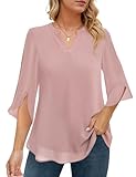 joyliveCY Women's 3/4 Sleeve Chiffon Blouses for Women Dressy Casual, V Neck Double Layers Chiffon Blouses Tops 2024, Tunic Tops for Women Loose Fit Dressy (Pink, L)