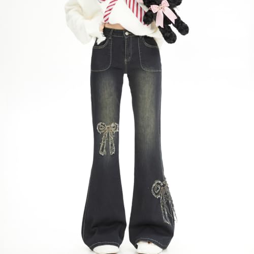 Fashion Casual High Waisted Jeans for Women Y2K Vintage Cute Bow Tie Fringe Patchwork Bell Bottom Pants2