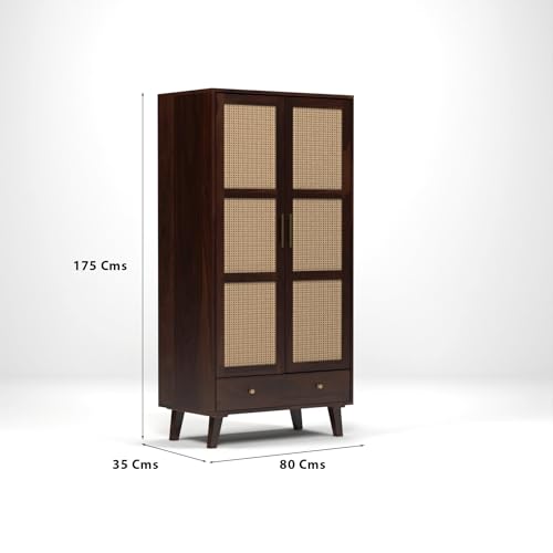 Image of PS DECOR Solid Sheesham Wood Wardrobe with Cane Rattan Doors | Modern Wooden Storage Almirah with Drawer | 2 Door Clothes Cabinet for Bedroom & Living Room (Walnut Finish)