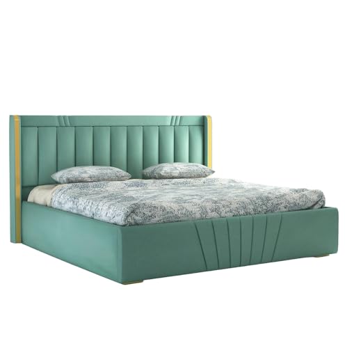Image of Premium King Size Upholstered Bed with Storage | Solid Wood Platform Bed with Premium Cushion Headboard for Modern Bedrooms | Durable Frame, Easy Maintenance & Stylish Design | Green