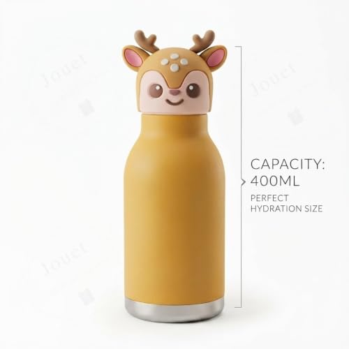 Image of JOUET Kids 400ml Stainless Steel Water Bottle with Deer Design, Leakproof Drinking Bottle for School, Sports & Travel
