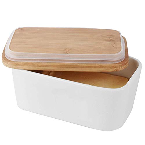 Aochol Enamel Butter Dish, Butter Keeper Butter Container with Bamboo Lid, Heat Resistant Kitchen Organization Storage(250ml)
