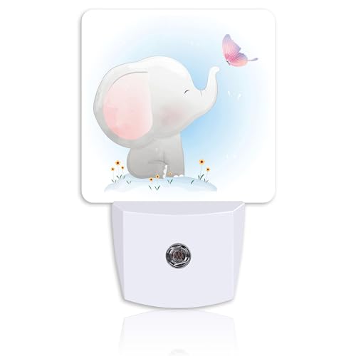 Image of Cute Baby Elephant Play Butterfly Night Light Plug into Wall with Dusk to Dawn Sensor Energy Efficient LED Nightlight for Women Girls Boys Room Decor,Hallway,Kitchen,Bathroom,Nursery,Stairs