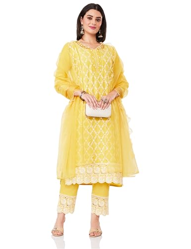 Image of Amazon Brand - Myx Women Embroidered Cotton Kurta Pant Set with Organza Dupatta (Available in Plus Sizes)