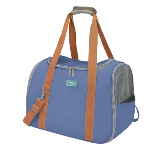 MKIFJGHペット用ショルダーバッグ ペットキャリー 犬用小屋 キャリーバッグ 夏用 軽い 通気性 外から見える 旅行 マット付き 臭気がない 防災 通院用 折り畳み 散歩出かけ 飛び出し防止 全景 シンプル (ブルー)