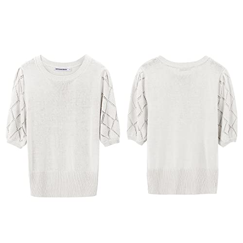 Image of Womens Short Sleeve Sweaters Crewneck Knit Pullover Tops 2025 Summer Casual Lightweight Crochet Blouse Shirt