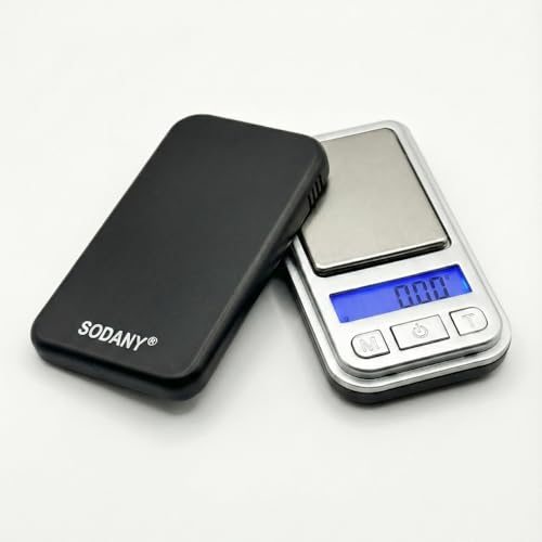 SODANY Mini Báscula Digital Precisión 0.01g   Gramera de Bolsillo para Joyería, Oro y Cocina. Balanza Electrónica Portátil con Funda de Piel, Tapa y Pantalla LCD (7x4cm)