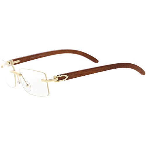 zeroUV Dapper Rimless Metal Accent Wood Arm Square Lens Blue Light Glasses 56mm (Wood Gold)3