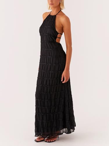 Image of Women Summer Halter Neck Maxi Dress Flowy Ruffle Tiered Sleeveless Sundress Boho Backless Spaghetti Strap Long Dress