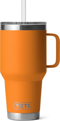 Image of YETI Rambler 25 oz Tumbler with Handle and Straw Lid, Travel Mug Water Tumbler, Vacuum Insulated Cup with Handle, Stainless Steel, King Crab Orange