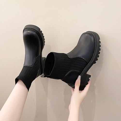 Bottines d'hiver pour femme avec patchwork élastique et talon bas décontracté