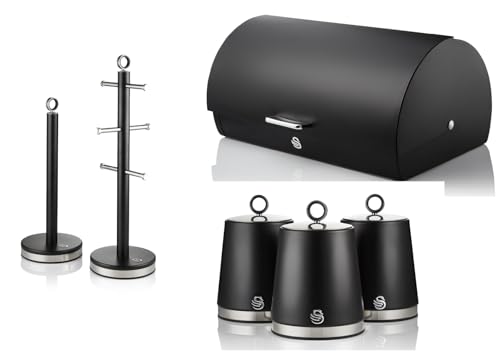 Swan Serenity Bread Bin, Tea, Coffee, Sugar Canisters, Mug Tree & Towel Pole Set in Black with Polished Stainless Steel Details - Elegant Kitchen Storage Set of 6