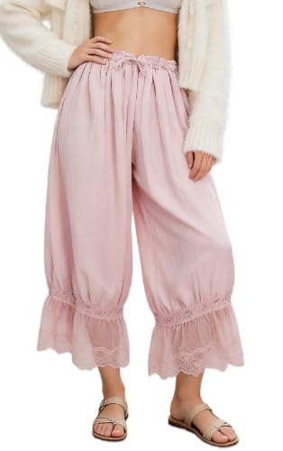 Image of UAURORAO Women Lace Trim Bloomer Pants Flowy Culottes Pantaloons Bloomers