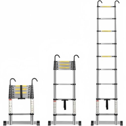 Image of Multibao Telescopic Ladder 2.9M 9.5FT Aluminium Extension Loft Ladder with Stabilizer Bar and Detachable Hooks, Multi Purpose Extendable Portable Folding Ladders, EN131 (2.9M/9.5FT)