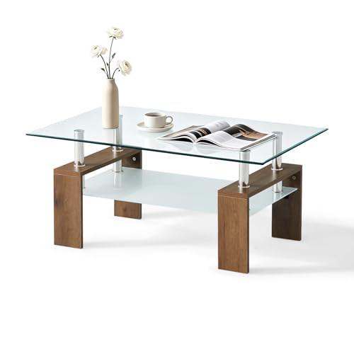 Image of TUKAILAi Rectangle Clear Glass Coffee Table Modern Side Table with Lower Shelf Chrome and MDF Wood Support for Living room Guest Reception Room, Wood
