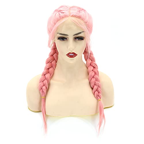 BTWTRY Pink Double Braid Wig With Baby Hair Synthetic Lace Front Wigs Heat Resistant Fiber Hair Braided Middle Parting (24 Inch, Pink)