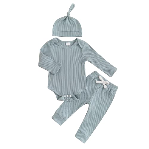 Image of Newborn Baby Boy Girl Outfits Long Sleeve Striped Ribbed Knitted Romper Pants Hat 3Pcs Infant Fall Winter Clothes