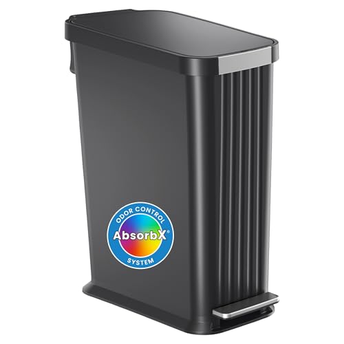 Image of iTouchless SoftStep 50 L / 13.2 Gallon Slim Step Pedal Kitchen Trash Can with Odor Filter, Indoor Recycling Bin Durable Dent-Proof, Stainless Steel Trim Garbage Bin with Lid, Home Office Black Plastic