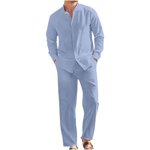 Men Cotton Linen Set Plus Size Long Sleeve Button Shirts Pants 2PC Suit Blouse Top Wide Leg Trouser Summer Outfits