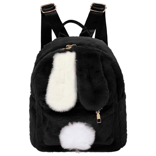 Meyaus Women Small Rabbit Ears Pompom Plush Backpack Casual Daypack
