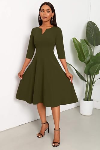 Image of Nmoder Midi Dresses for Women A-Line Fit and Flare Dress 3 /4 Sleeve V Neck Cocktail Wedding Guest Work Dress with Pockets
