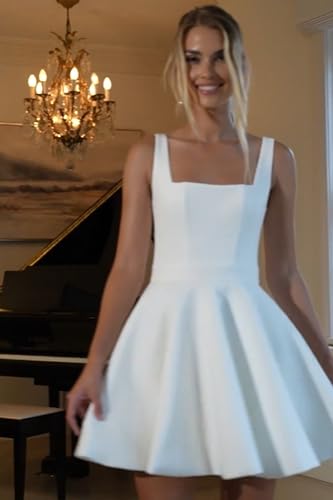 Image of Simple Short Wedding Dresses for Bride 2025 Elegant Off the Shoulder Ruffle Satin Bridal Shower Dress for Women