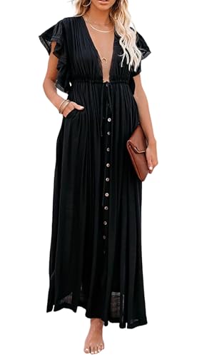 Image of R.Vivimos Maxi Dresses for Women 2026 Summer Short Sleeve V Neck Drawstring Tie Boho Loose Flowy Long Dresses with Pockets