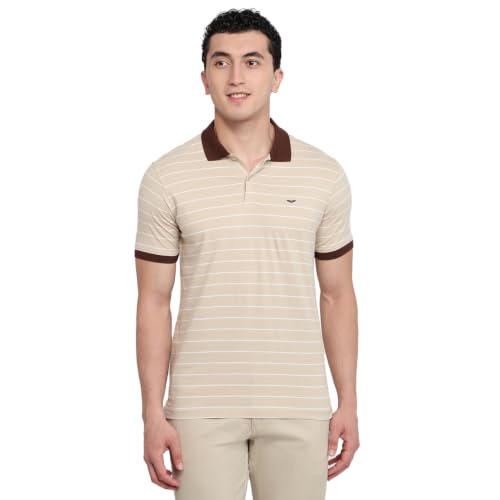 Image of Park Avenue Men Slim Fit Stripe Pattern Pure Cotton Polo Neck Half Sleeve Casual T-Shirt