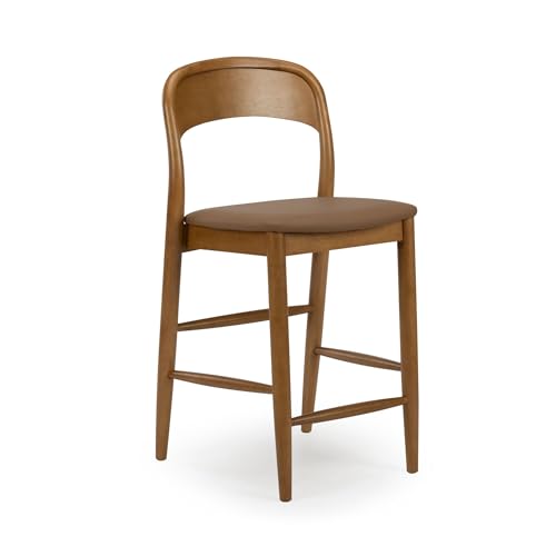 Image of Plank+Beam Loar Upholstered Counter Stool, Solid Rubberwood, Mid-Century Modern Kitchen Bar Chair, Curved Back, Low-VOC Finish, Counter Height Seating, Pecan /Toffee