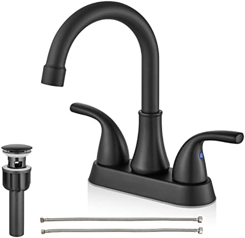 Cinwiny Matte Black Centerset 4 Inch Bathroom Sink Faucet 2 Handle Bathroom Faucet Swivel Spout Deck Mounted Vanity Faucet with Pop up Drain Water Supply Hoses
