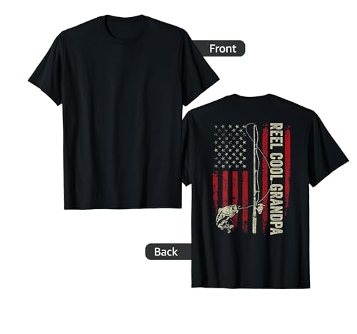Reel Cool Grandpa Fishing American Flag Patriotic (On Back) T-Shirt