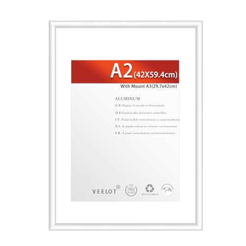 Veelot® 1x Bilderrahmen A2 42x59.4cm | Metall Aluminium,Silber mat,Passepartout 30X42cm,Picture Frame 42x60cm mit bruchsicherem Acrylglas | Nur zur Wandmontage