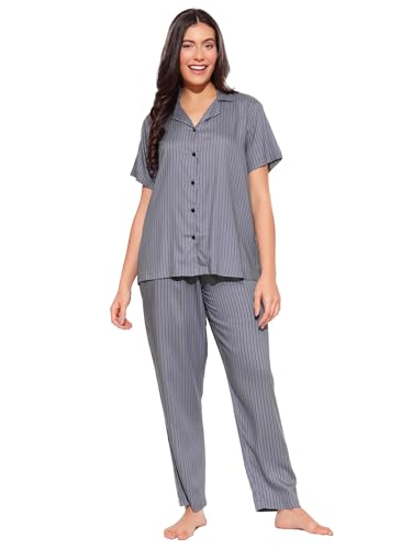 Image of Clovia Women's Rayon Printed Button-Down Shirt & Pyjama Set