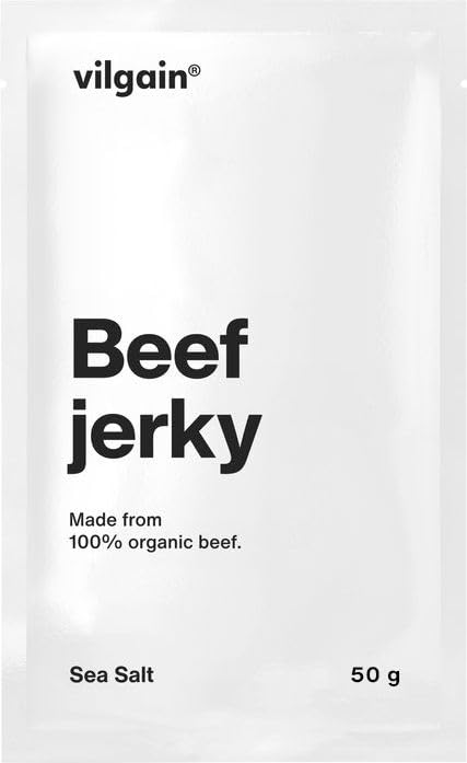 Vilgain Organic Beef Jerky (50 g) Sea Salt – Bio Trockenfleisch Ohne Zuckerzusatz, High Protein Snack Aus Weidehaltung, Glutenfreies Rinder-Beef-Jerky Mit Meersalz, Natürlicher Fitness Snack