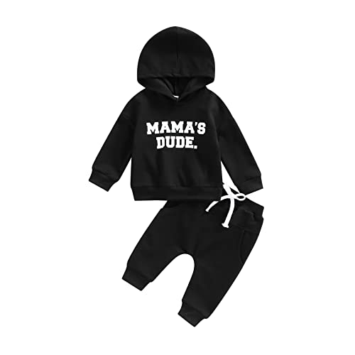 Image of MA&BABY Baby Boys 2Pcs Fall Outfits Long Sleeve Letter Print Hoodie and Pocket Pants Set (Black-Mama's dude, 6-12 Months)