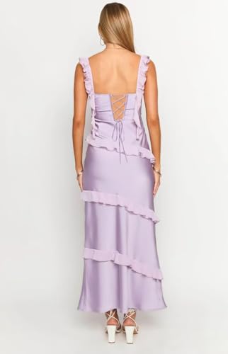 YOFF Spaghetti Straps Long Bridesmaid Dresses for Women Satin Ruffles Maxi Formal Party Dress YO2742