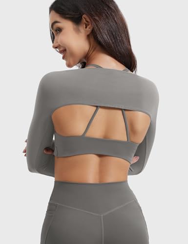 Image of YEOREO Women Crop Top Long Sleeve Bolero Open Front Workout Cropped Shirts Sports Shrug