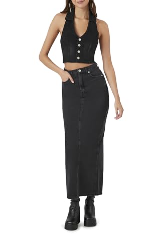 Forever 21 Jupe midi fendue en jean pour femme, noir délavé, Taille L