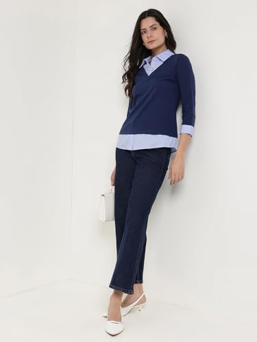 Image of FableStreet Women Shirt | Slim Fit V-Neck Layered Look with Striped Spread Collar & Three-Quarter Sleeves | Cotton Knit Jersey Fabric for Business Casual