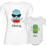 Regalo día de la madre | Camiseta mamá personalizada + Body o camiseta hijo/a | Diseño original divertido | Batería | Pilas | Energía | Mejor Madre | Infantil | Bebe |