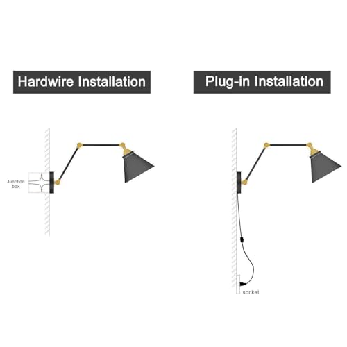 LALUZ Black Wall Sconces Lighting, 2 Pack Modern Industrial Swing Arm Plug in or Hardwired Adjustable Wall Lamp with Antique Brass Finish for Bedroom, Kitchen, and Living Room by LALUZ - Used condition - Image 7