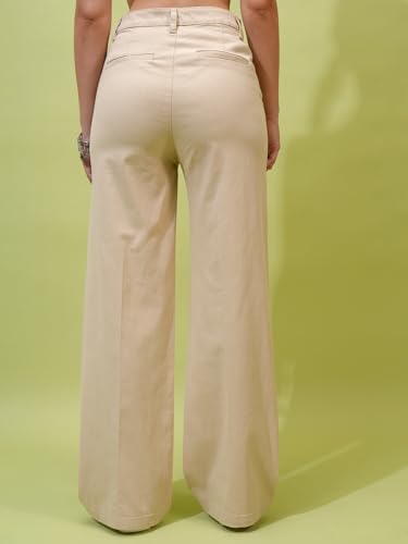 Image of Tokyo Talkies Pure Cotton Flared Wide Leg Trousers | Mid-Rise with Side Pockets|Casual Pants