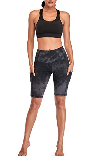 Oalka Women's Short Yoga Side Pockets High Waist Workout Running Shorts Tie Dye Graphite Black Grey Medium #TOP5