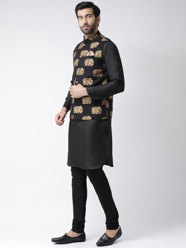 Image of KISAH Men's Black Printed Cotton Nehru Jacket- Traditional Indian Waistcoat for Weddings & Festive Occasions