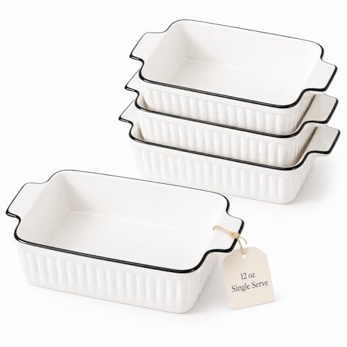 DLIM HOME 12 Oz Casserole Dish Ceramic Baking Dishes Sets of 4 Small Casserole Dish with Handle Porcelain Bakeware Sets 5 Rectangular Baking Serving Dish for Casserole Cakes Dishwasher Oven Safe